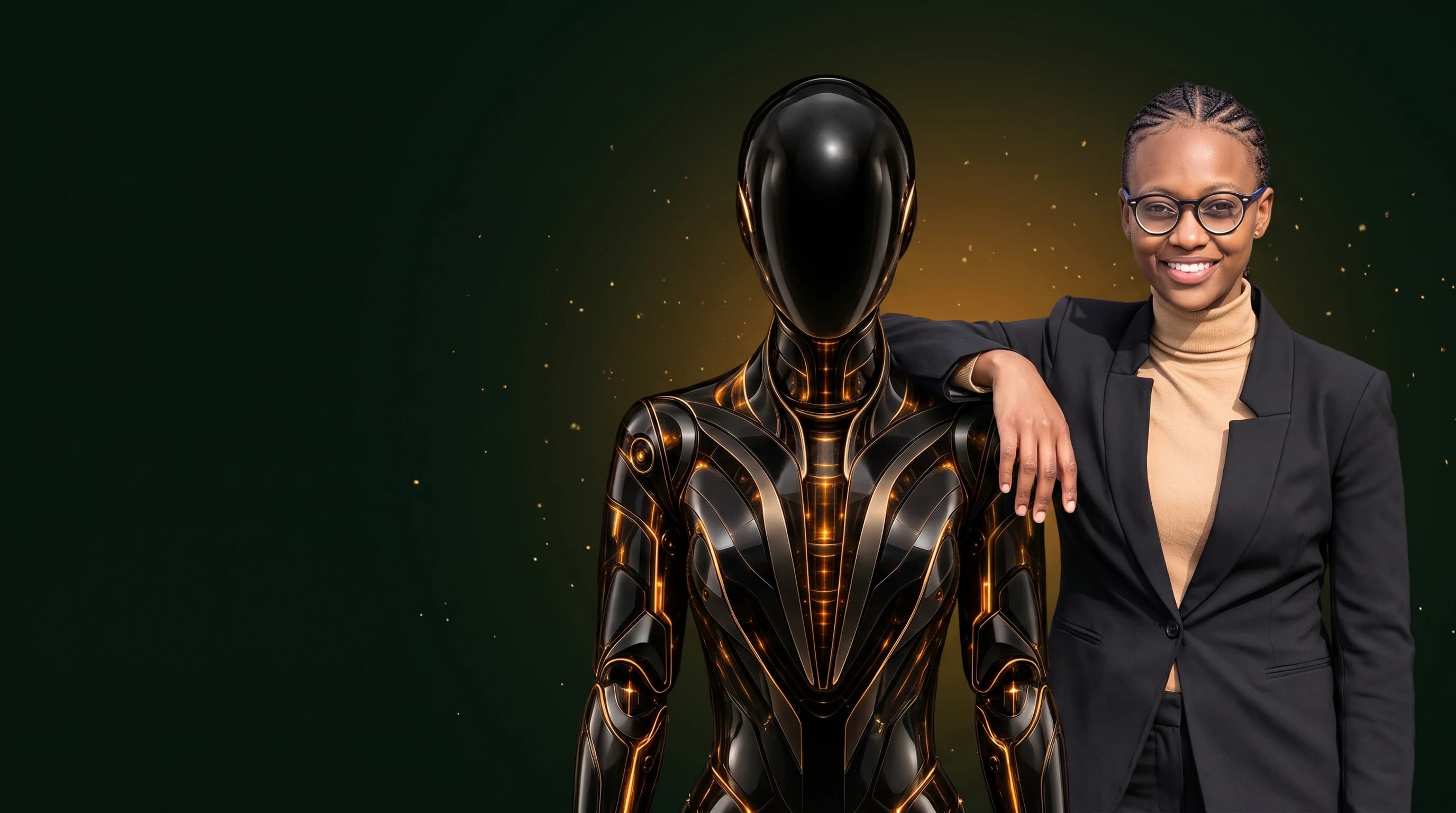 Botlhale Mosoane standing beside a black-and-amber robot.